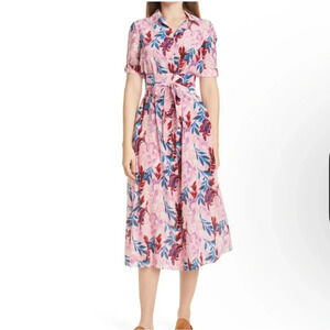NWT DYVNA Pink Floral Print Short Sleeve Silk Blend Midi Shirt Dress Small